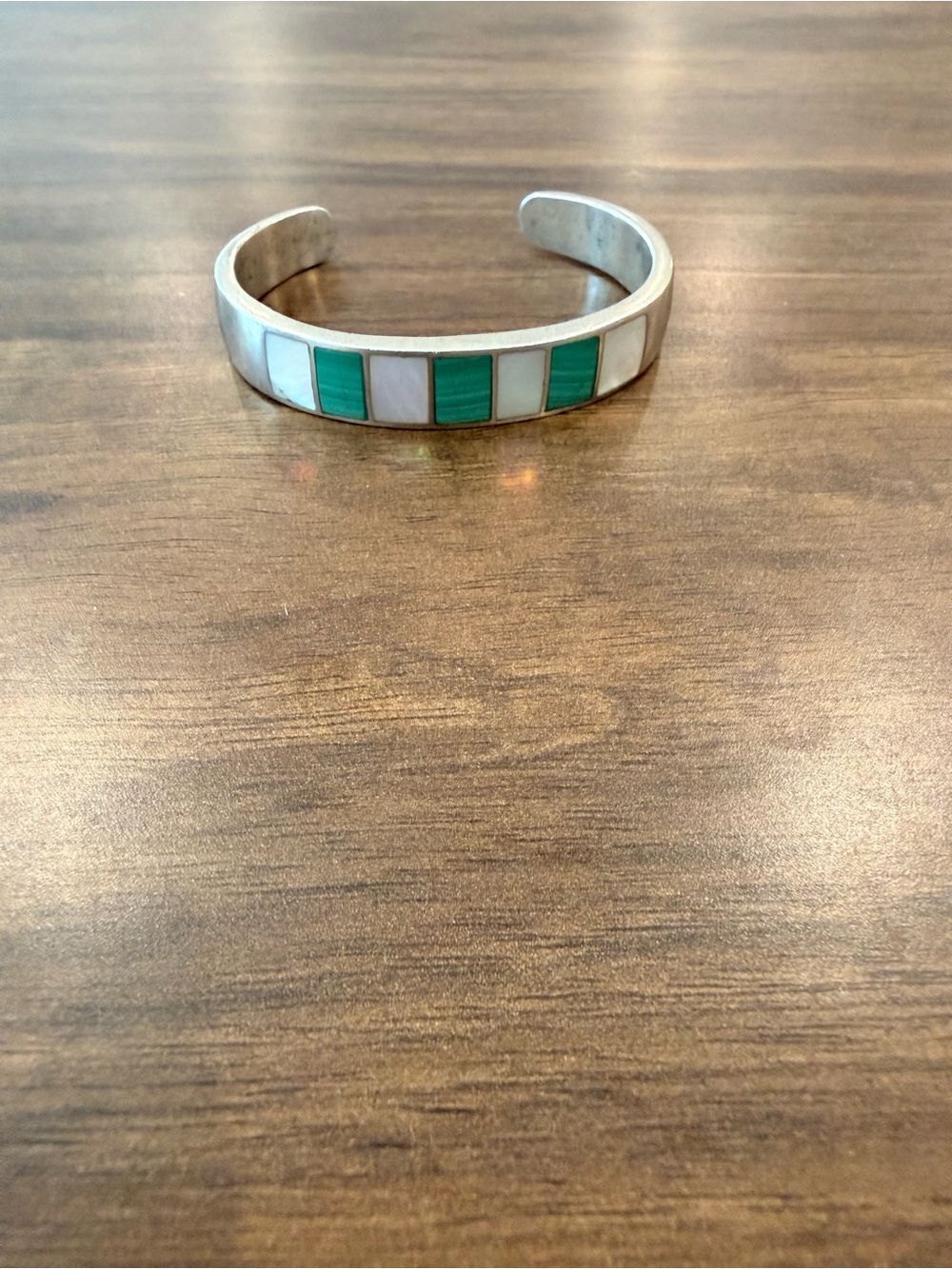 Vntg Silver Green Malachite & Mother of Pearl Inlay Cuff Bracelet